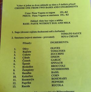 The vegan pizza menu  at Pizzeria Manna in Prague
