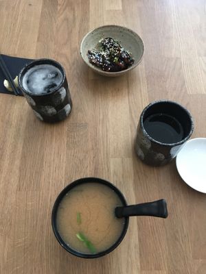 Miso soup and ‘chicken’ something. at MAKIMAKI Sushi Green in Muenster