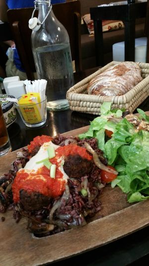 Siniya. Lentil 'meat' balls, wild rice, tahini sauce at Ugata Bakery in Kibbutz Kineret