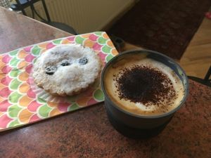 Cake and coffee with soy milk at Luca Polare in Tbilisi