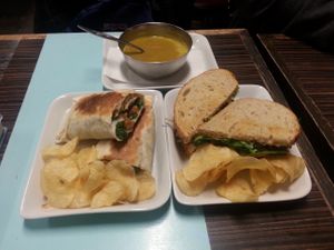 Caesar wrap (left), hail seitan sandwich (right), and pumpkin curry soup. Yum! at D-Beatstro in Toronto