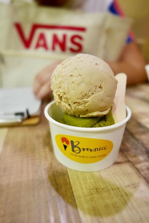Double scoop of Hazelnut and Matcha ice-cream  at Brownice Italian Bistro in East Singapore
