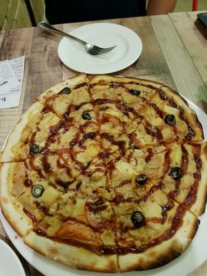 $16. Chicken bbq pizza (soy meat). was particularly tasty and satisfying. the vegan cheese was not pull-worthy like those tv commercials but nonetheless could compete in terms of taste. It is even better, taste-wise. plant-based cheese is better than dairy cheese. the serving is good for 2to3 pax. at Brownice Italian Bistro in East Singapore