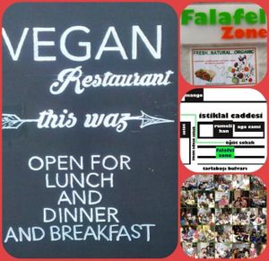 FALAFELZONE 
Best home cooked delicacies falafel in falafelzone...open kitchen, the menu includes vegetarian, vegan, and raw options. Gluten-free bread ,vegan burger buns that is served at Falafelzone.Flavored with spices and herbs and usually served in pita or a wrap or dishes, the best are crispy on the outside and served so hot that steam rises from the soft center as you take your first bite.The ingredients are fresh and the falafels are flavored and cooked to crispy perfection.All spices are coming from Egypt ...

Falafel zone stands in the heart of Beyoğlu, just a stone's throw from istiklal street. The restaurant has quickly become a favorite among vegetarians and vegans, foreigners and locals alike. If you are looking for an on-the-go lunch and want something different from the fresh food and tasty dishes about falafel and vegetable rolls, Falafel zone is a perfect solution.As soon as you enter the Istiklal Street, you will start enjoying a little walk down,There are also tables outside the restaurant on a traffic barred street which is full of other cafes and restaurants.Whenever you are hungry or rewctant to cook at home, it is almosy possible to find the comfort of your home in Falafelzone.

TEL: 0212 251 13 23
http://falafelzone.blogspot.com
e-mail:falafelzoneistanbul@gmail.com
adres:FALAFELZONE
istiklal caddesi öğüt sok no:4 Taksim-istanbul at Falafel Zone in Istanbul