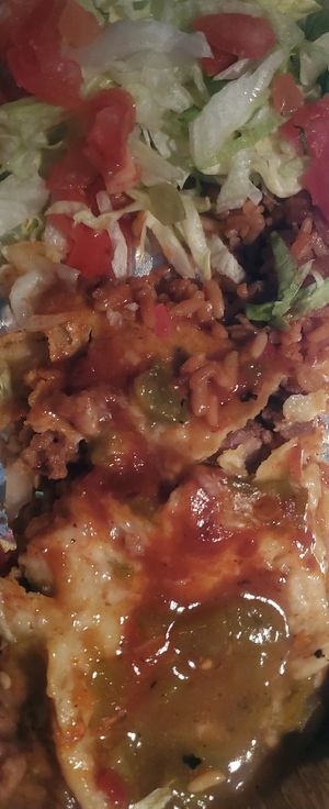 Vegan Enchilada Plate: Impossible meat, vegan cheese, refried beans, rice, red and green chili sauce at La Salita in Albuquerque