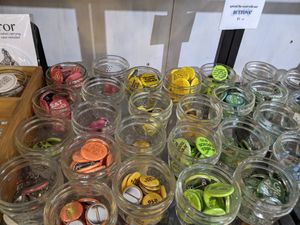 buttons with vegan messages at Vegan Supply in Vancouver