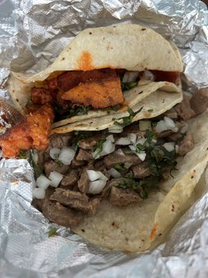 Tacos with Vegan Fillings (Al Pastor and Beef)  at Gringo A Go Go in Raleigh
