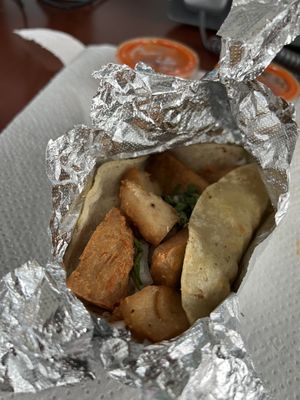 Vegan Tacos with Chicken & Hot Sauce/Salsa  at Gringo A Go Go in Raleigh