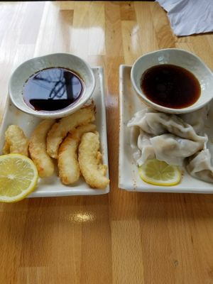 mock shrimp tempura and veggie dumplings at Sushiana in Highland Park