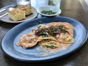 Ravioli Classico, home bread and pesto  at Civico 1845 in San Diego