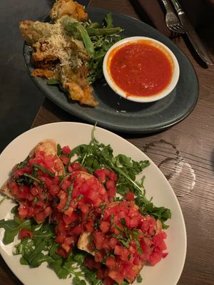 Vegan bruschetta and vegan stuffed squash blossoms at Civico 1845 in San Diego