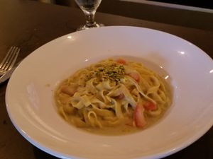 VEGAN FETTUCCINE PISTACCHIO
Homemade Fettuccine Pasta with Pistacchio Creamy Sauce and Sun Dry Tomatoes at Civico 1845 in San Diego