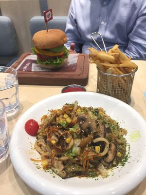 Vegan mushroom udon and vegan Beyond Burger - all pretty good and filling!  at Green Common - Wanchai in Hong Kong Island