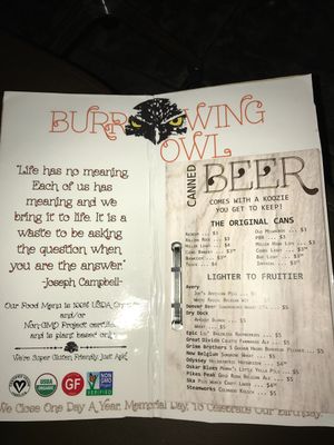 Menu at The Burrowing Owl in Colorado Springs