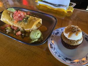 Friday special, chimichanga with banana caramel cupcake  at The Burrowing Owl in Colorado Springs