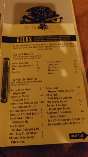 Menu at The Burrowing Owl in Colorado Springs