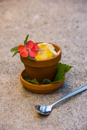 Dessert - cheese cake topped with green tomato jam  at Fridheimar in Reykholt