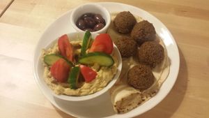 Hummus and falafels at Ahimsa Vegan Restaurant and Club in Wroclaw