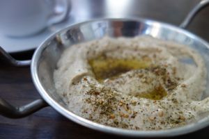 Baba Ganoush (eggplant spread) with Zataar, sesame seeds and olive oil at Ahimsa Vegan Restaurant and Club in Wroclaw