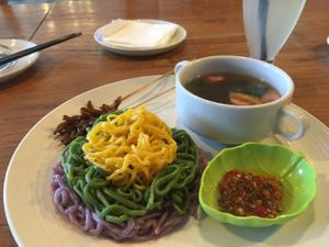 3 coloured Tom yam noodle at Mai3 Cafe and Resto Vegan in Denpasar