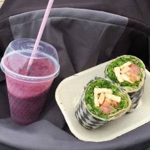 blueberry/banana/pomegranate shake and TLT wrap at Heartwood by the Sea in Halifax