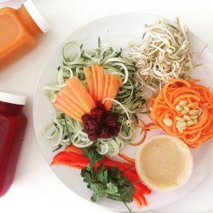Raw Vegan Zucchini and Carrot Noodles with Fresh Cold Pressed Juices at Joga in Cole Bay