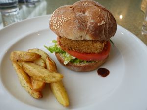 Katsu burger with fried potato. No flavour at DevaDeva Cafe in Tokyo