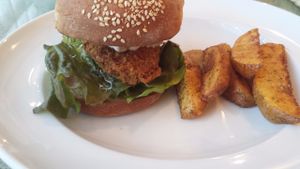 Veggie Chicken Sandwich with Fries at DevaDeva Cafe in Tokyo