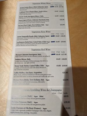 Wine menu at Sagar Vegan & Vegetarian Restaurant - Hammersmith in West London