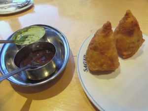 Samosa - Crisp pasty turnovers filled with delicate spice potatoes, peas and cashew nuts at Sagar Vegan & Vegetarian Restaurant - Hammersmith in West London