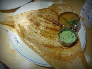 Masala Dosa - Rice & lentil golden pancake filled with potato, onions & carrot, plus two types of sauces at Sagar Vegan & Vegetarian Restaurant - Hammersmith in West London