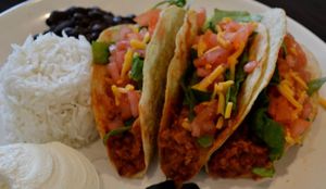 Soy Meat or Soy Chicken Tacos! Delicious, Comes with fresh Avocado and fresh salad on top and a side of Rice and Beans!  at Holy Bagels and Pizzeria in Miami