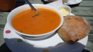 Soup of the day - Tomato soup and fresh sour dough at Apple Tree Cafe in Trevescan