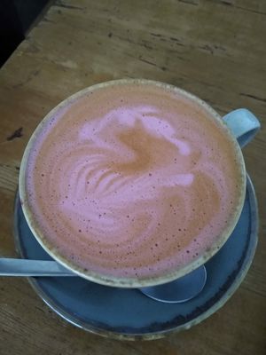 Beetroot latte at Apple Tree Cafe in Trevescan