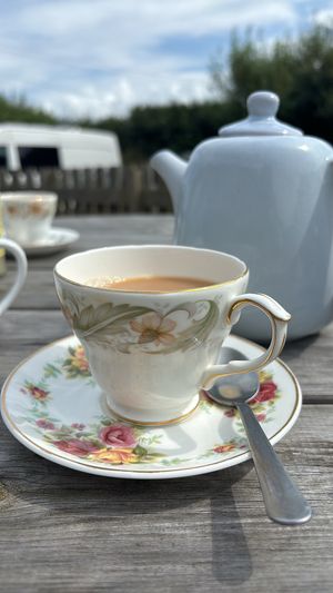 Lovely tea in gorgeous cups and saucers!  at Apple Tree Cafe in Trevescan