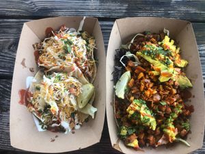 Meal on the right is for my Vegan self (veggie taco, take off white sauce add avocado) and my non vegan boyfriend got blacken Mahi mahi fish tacos. It was a perfect place for us!  at Finn's Island Style Grub in Panama City Beach