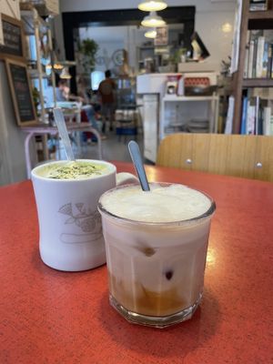 matcha latte & iced coffee latte  at Fram Cafe in Bologna