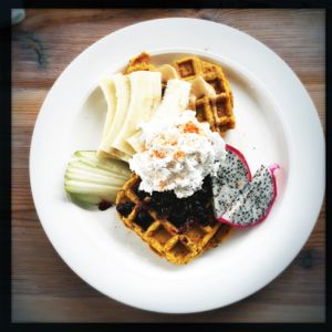Sweet potato waffles at Think Love Juices & Vegan Food in Warsaw