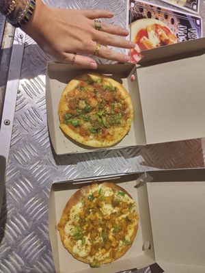 Vegetable pizza (vegan) + vege chicken masala ( vegetarian) RM 27 for both at Vishnu's Pizza Food Truck in Penang
