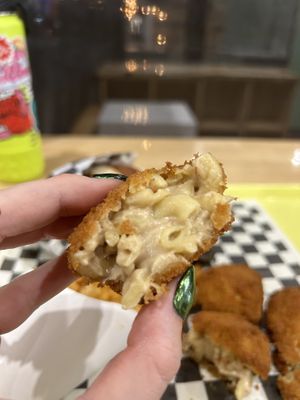 Inside fried Mac and cheese balls  at V-Grits Food Truck in Louisville