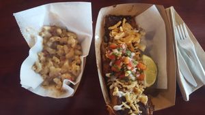 Beef burrito and queso mac and cheese at V-Grits Food Truck in Louisville