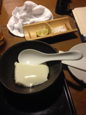 Our freshly made tofu, ready to eat! Oishii! at Tofu Sorano in Tokyo