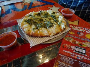 Spinach Artichoke Vegan Bread with Spicy Roasted Pepper sauce at Peace Love and Pizza - East Cobb in Marietta