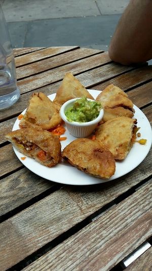 Vegan empanadas with guacamole  at VSpot Express in New York City