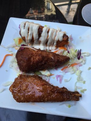 One of each of the drumsticks. Buffalo, BBQ, and Thai sweet chili at VSpot Express in New York City