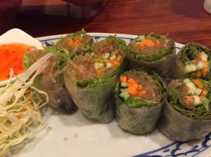 Vegan spring rolls at Khuanjai Thai in Osaka