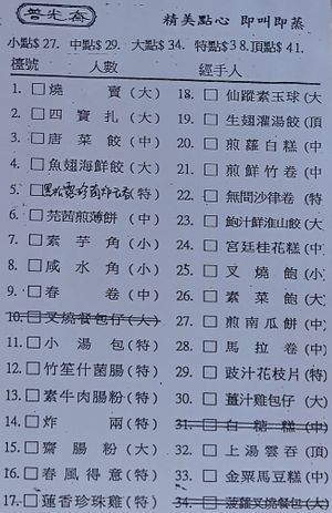 Menu for Dim Sum at Light Vegetarian Restaurant in Kowloon