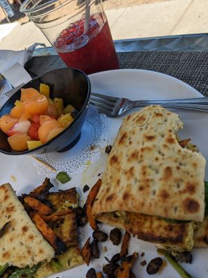 Veggie wrap with fruit salad and raspberry tea at Cafe Lush in Albuquerque