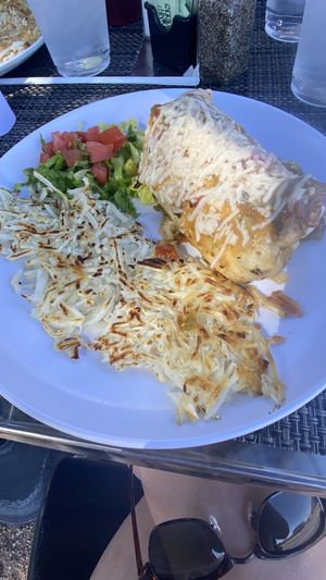 Burrito with vegan cheese and topped with green chile  at Cafe Lush in Albuquerque