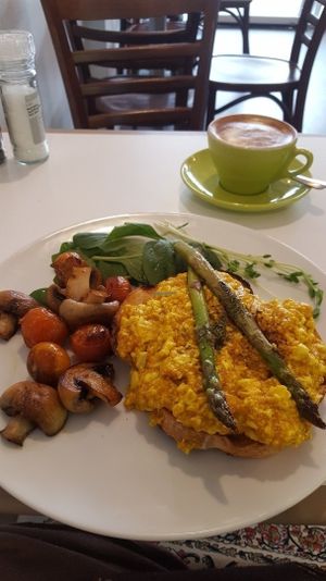 Scrambled tofu (listed as Vegan Scrambled Egg). Absolutely delish! and a first for Toowoomba.  at Michelle's Cafe in Toowoomba